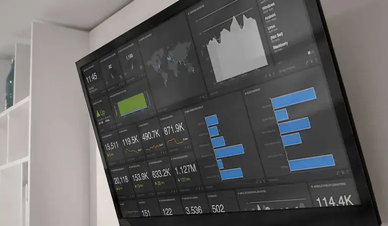 Digital signage screen displaying corporate KPI dashboards.