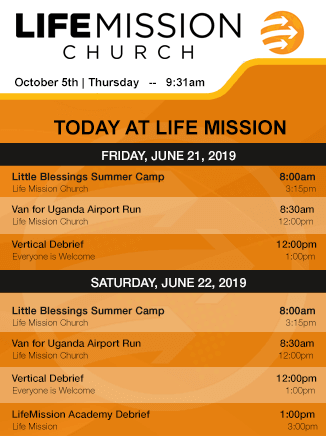 Orange and white meeting room digital signage displaying daily schedules for LifeMission Church