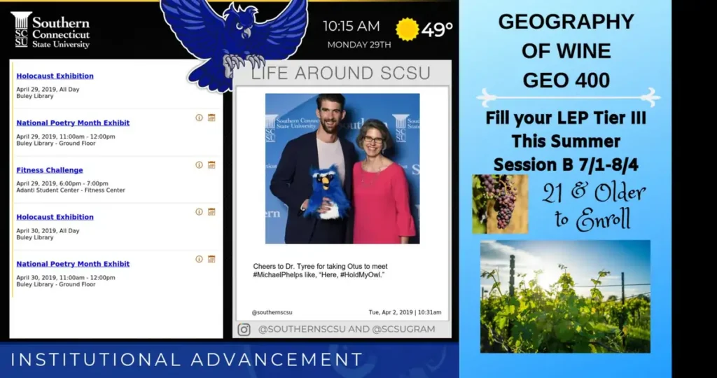 Interactive Displays for Colleges and Universities Southern Connecticut State University digital signage screen displaying class information, library exhibits, and instagram posts.
