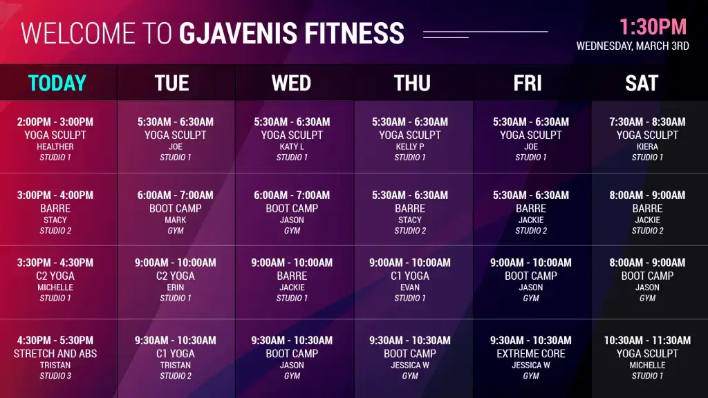 A themed calendar for GJavenis Fitness, powered by REACH Media Network. 