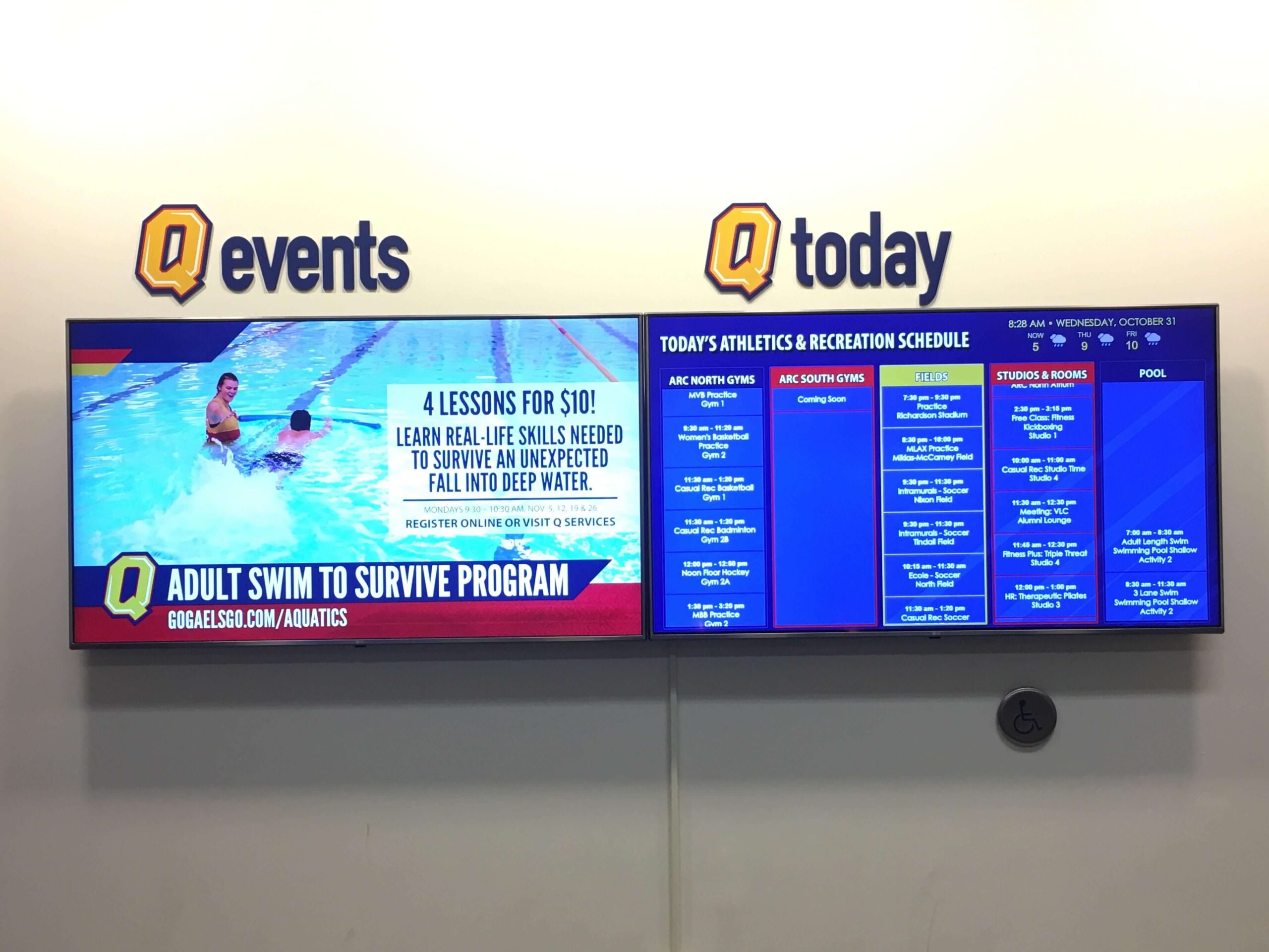 Queen's University Athletics & Recreation digital signage video wall displaying program announcements and gym schedules.