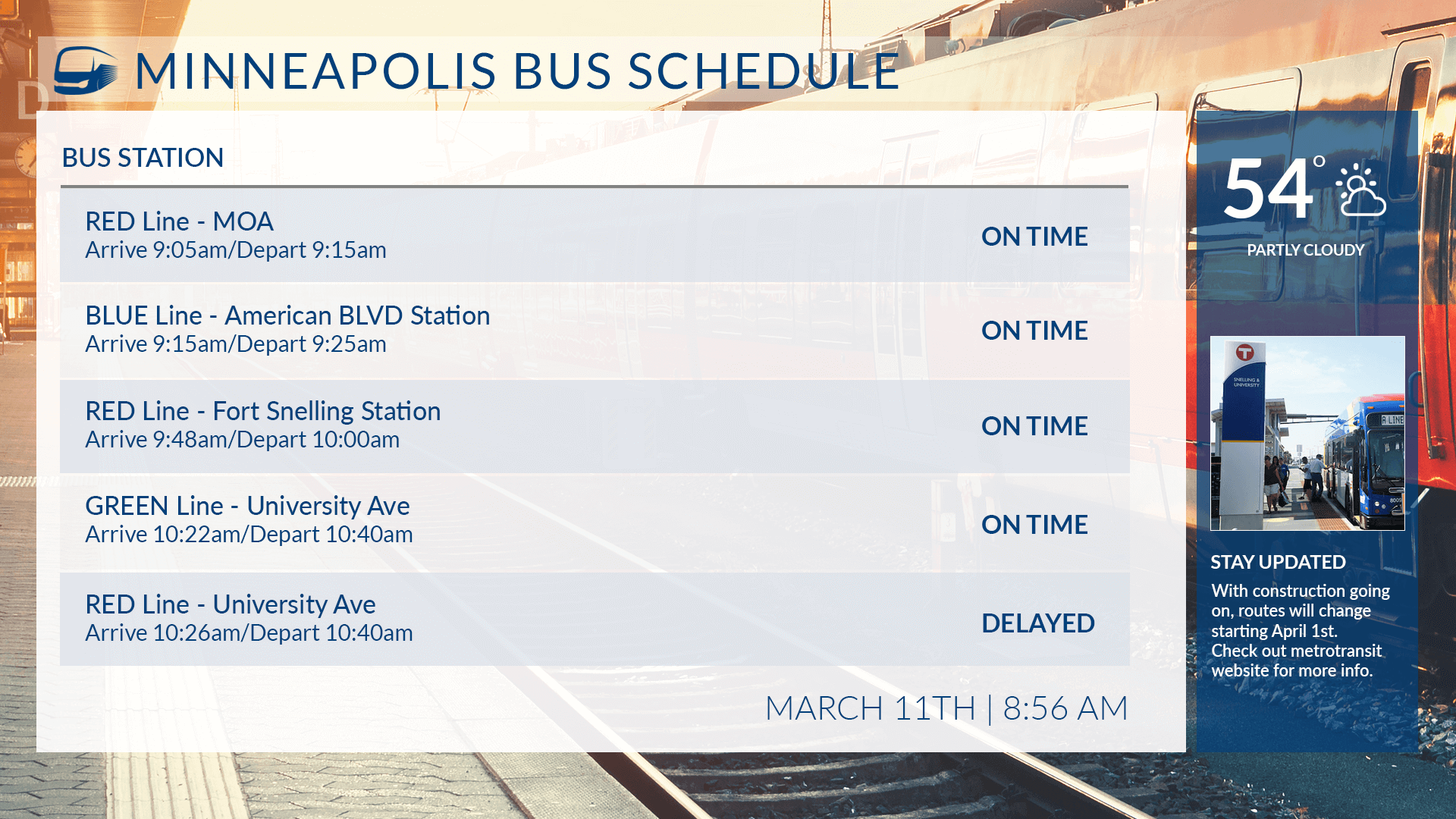 Light blue bus schedule digital signage layout for Minneapolis 