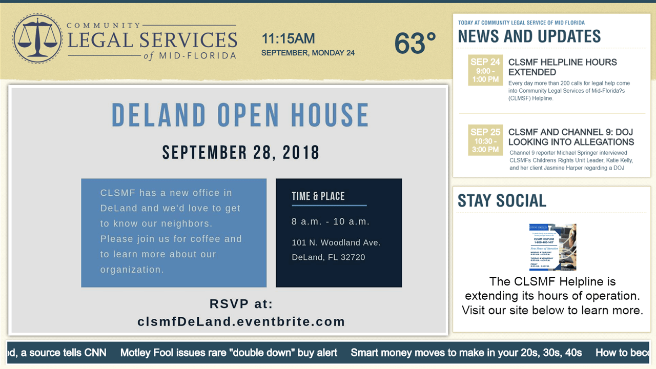 Light tan and blue government digital signage featuring event details, news and updates, and social feed for Community Legal Services of Mid Florida