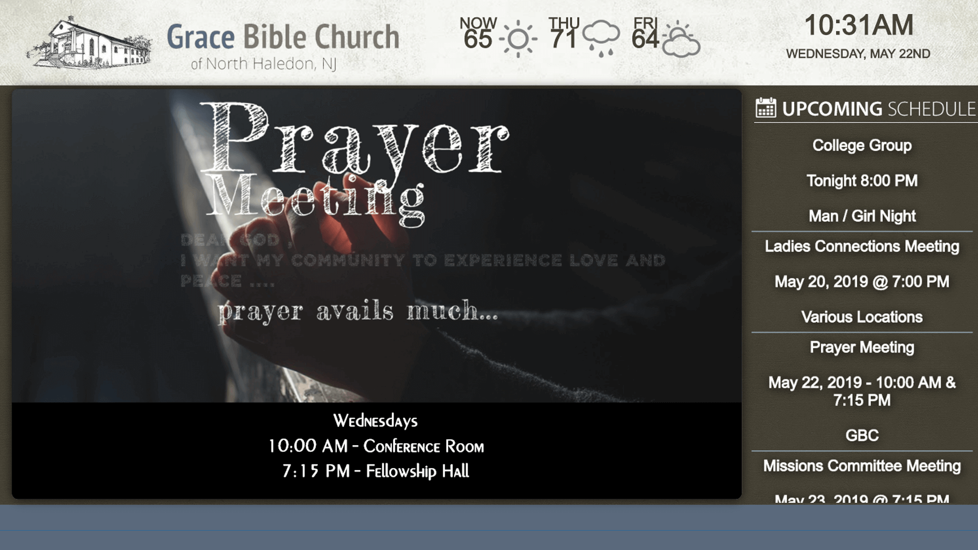 Simple digital signage with schedules, meeting info, and weather info for Grace Bible Church
