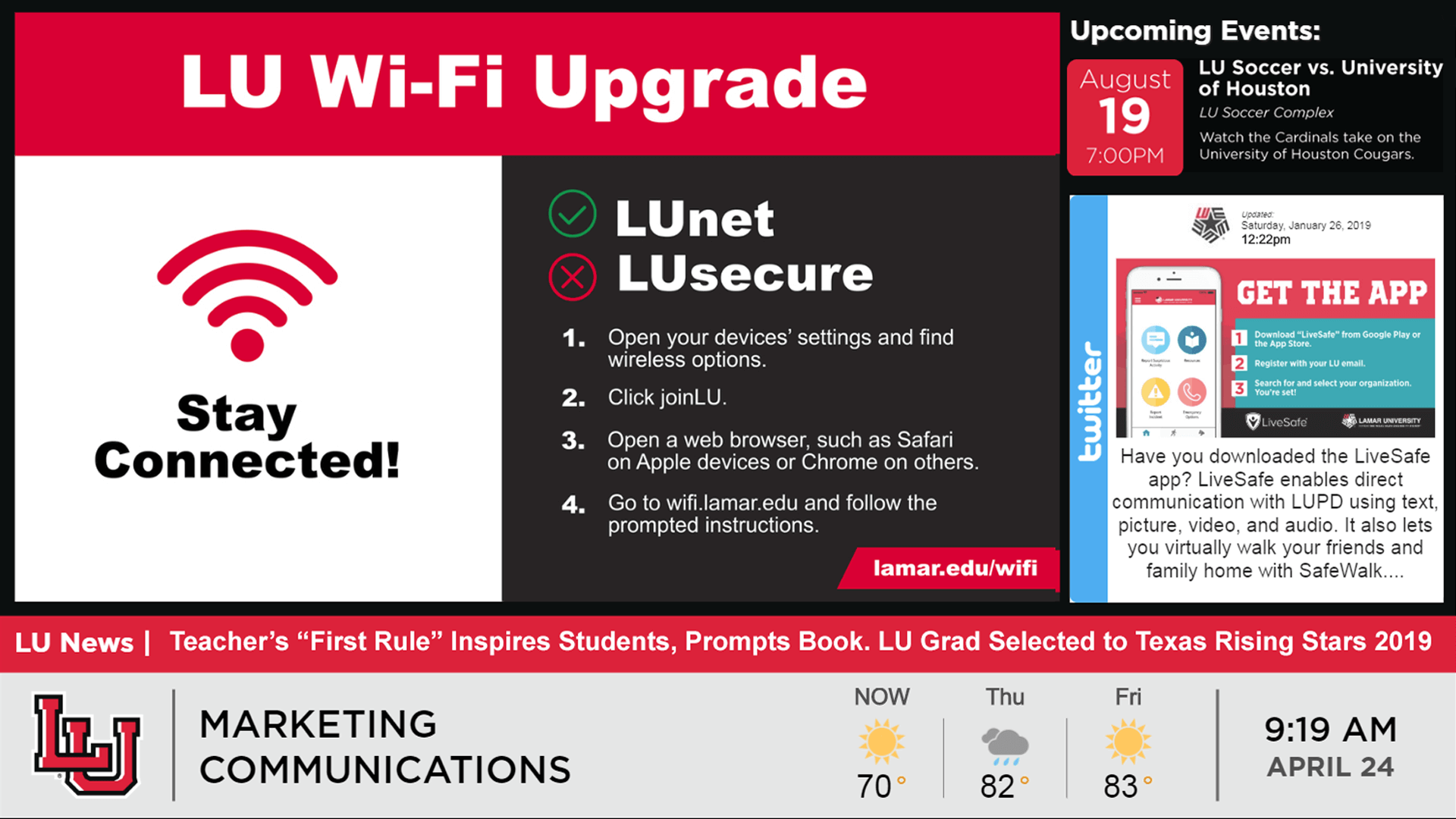 Red digital signage displaying wifi information, upcoming events, and weather for Lamar University