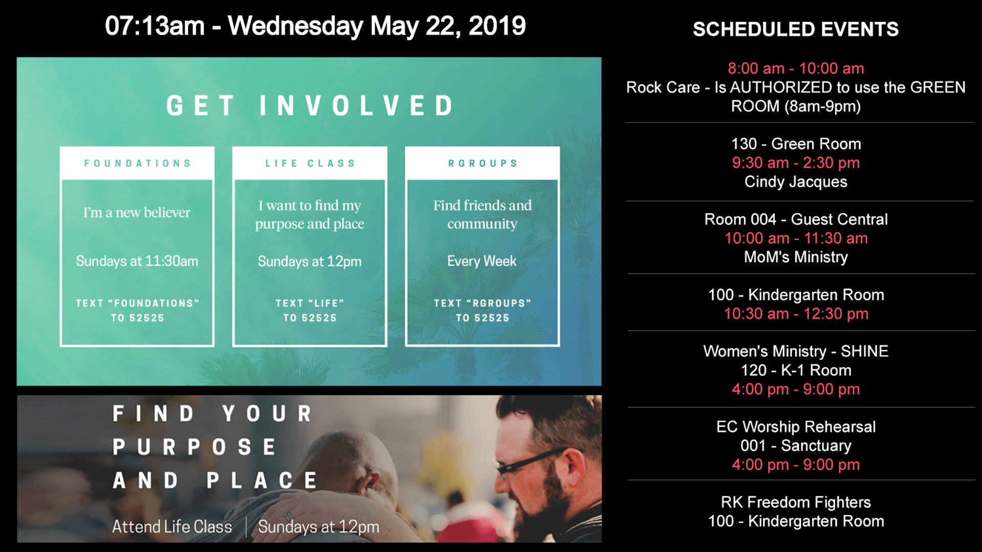 Dark digital signage displaying event schedule, chruch messaging, and ways to get involved for Rock Church