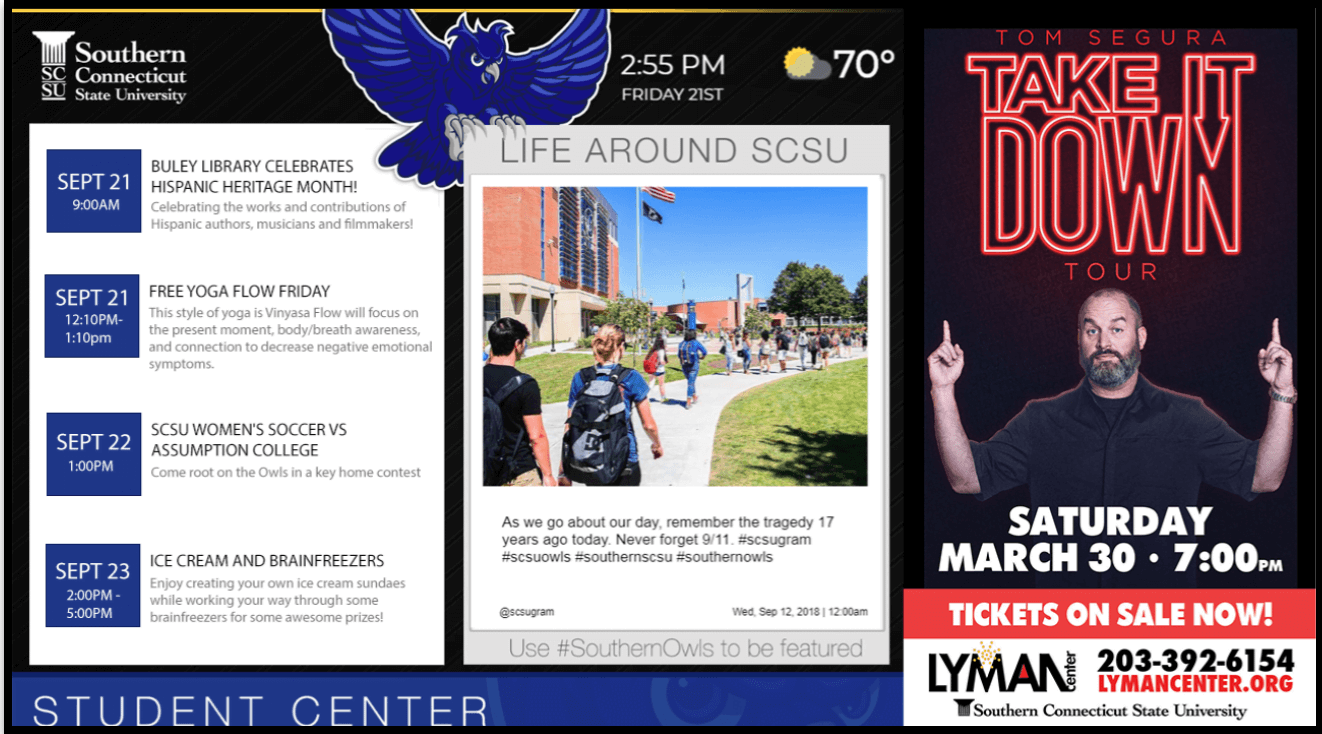 Black and blue digital signage showing event schedule and announcements for Southern Connecticut State University