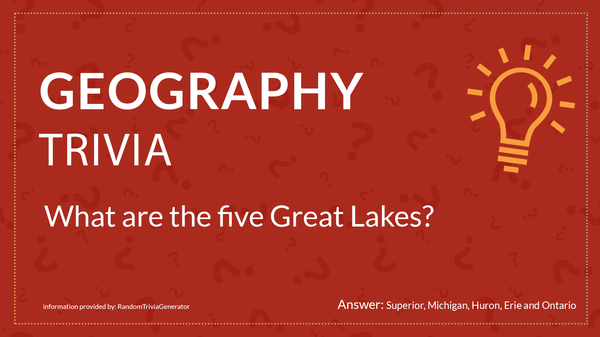 Red and yellow geography trivia asking about the Great Lakes for digital signage