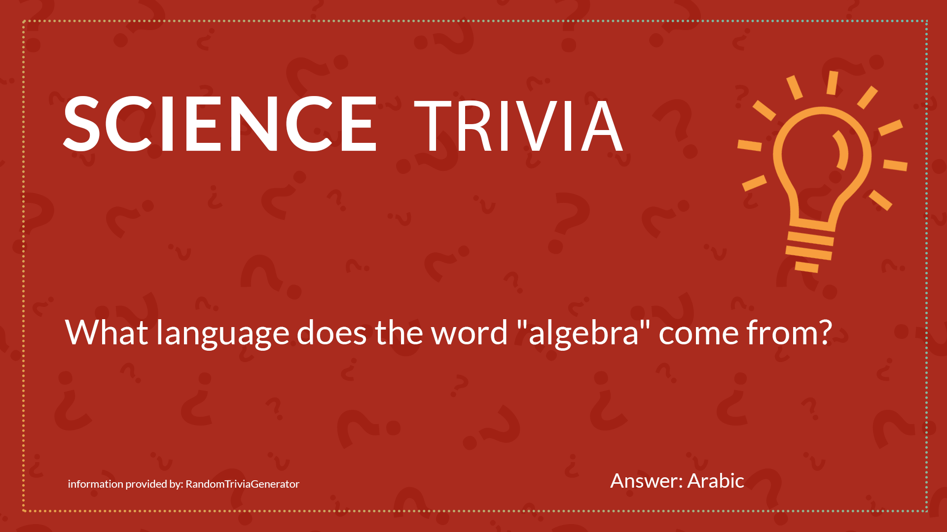 Red and yellow science trivia asking about algebra for digital signage