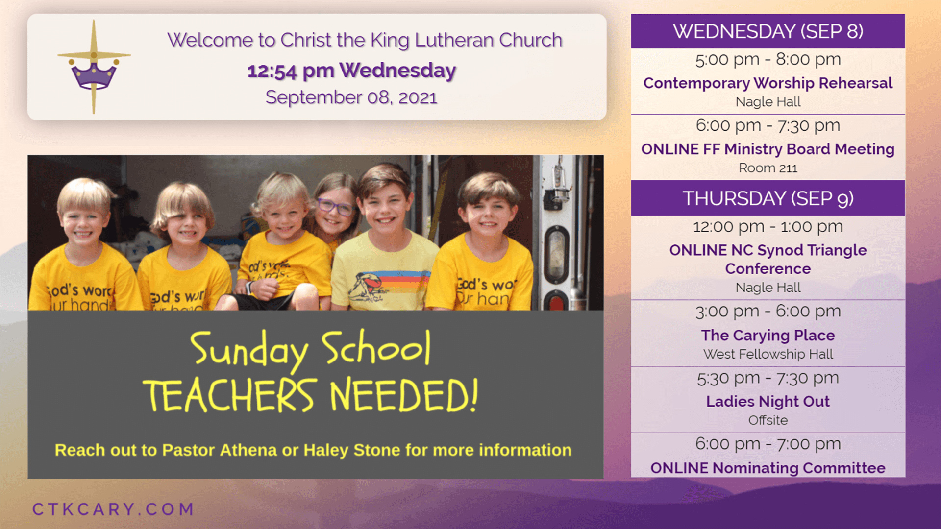 Purple digital signage displaying schedules, announcements, and welcome messaging for Christ the King Lutheran Church