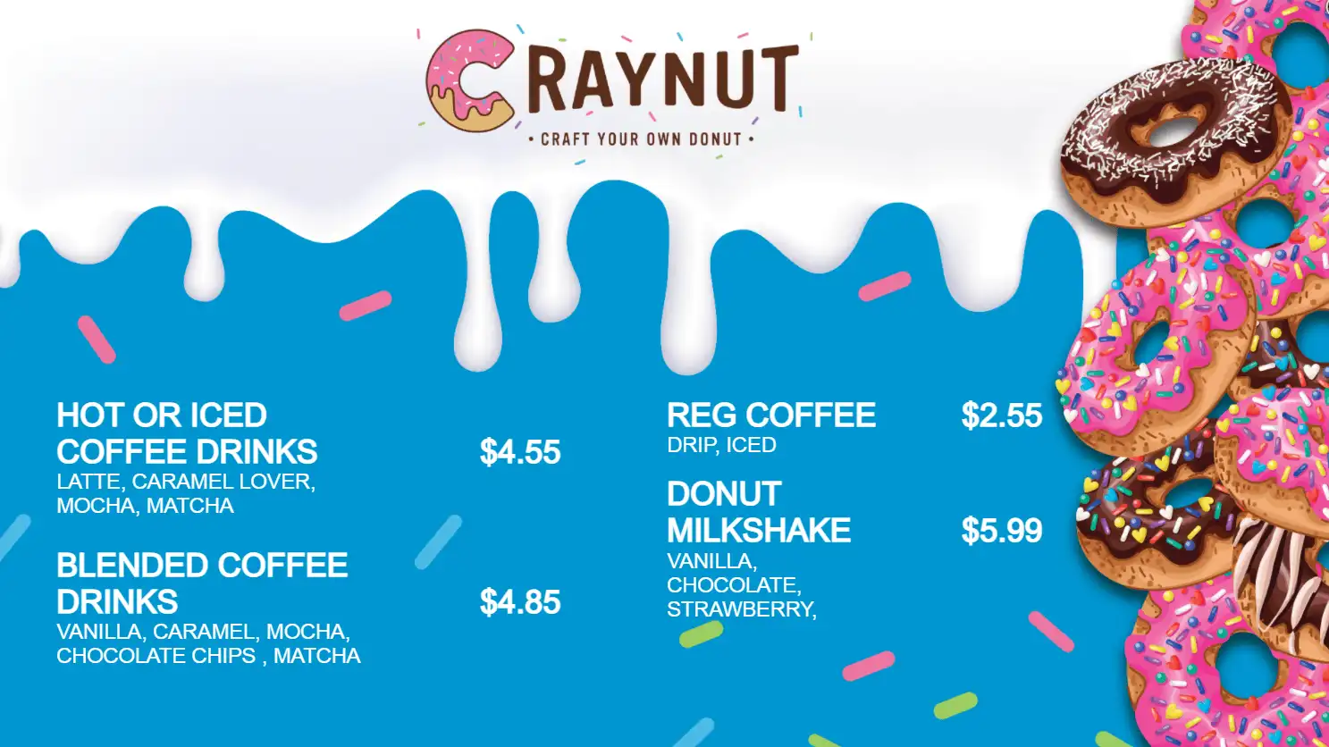 Blue, pink, white menu board digital signage for Cray Nut Donuts