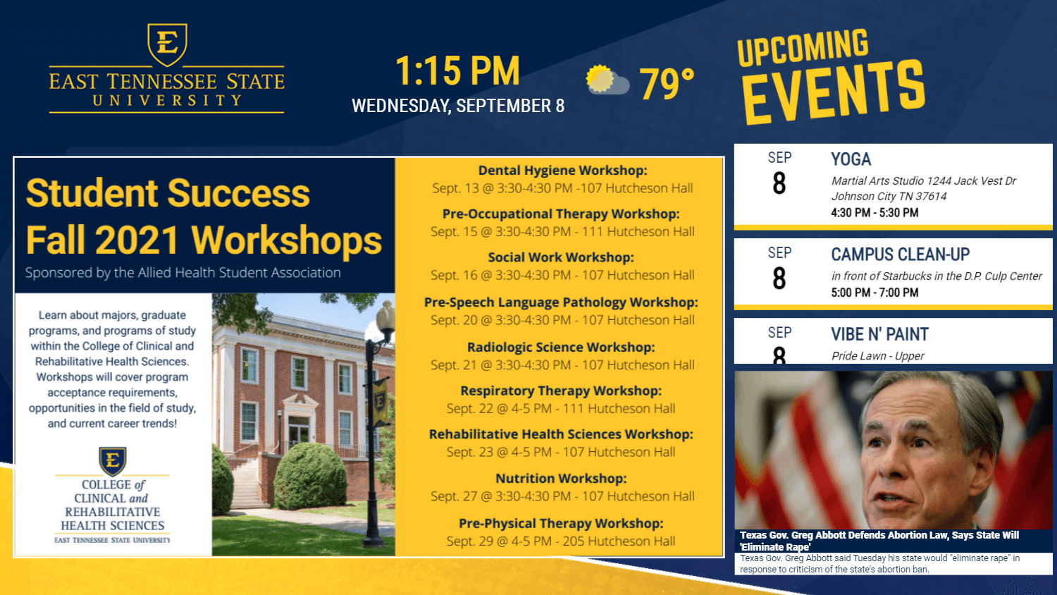 Dark blue and yellow digital signage displaying workshop and event schedules for East Tennessee State University