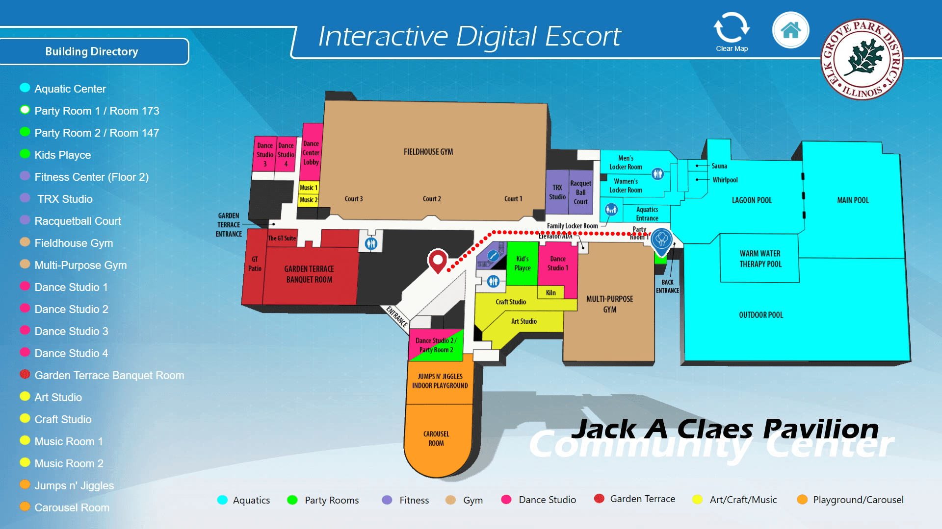 Light blue wayfinding digital signage featuring a map of the Jack A Claes Pavilion Community Center