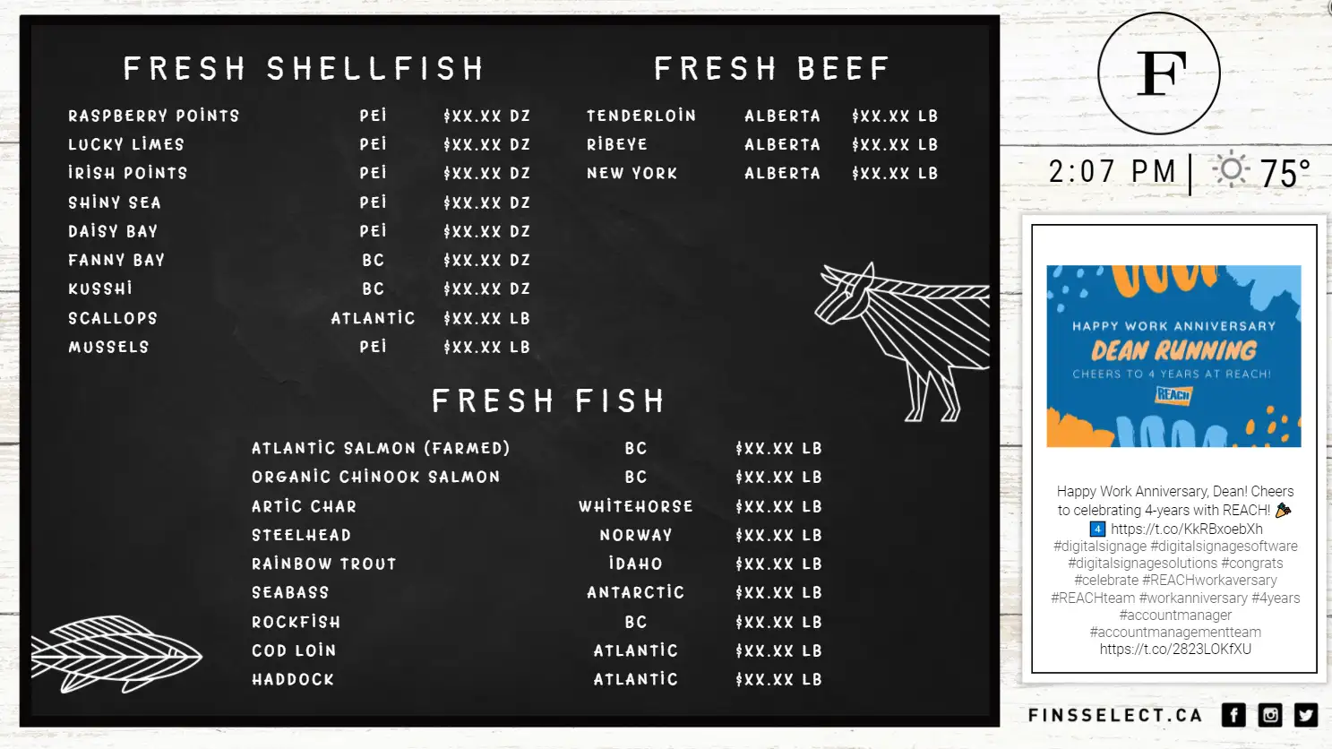 Black and white menu board digital signage for Fin's Select Meats and Seafood
