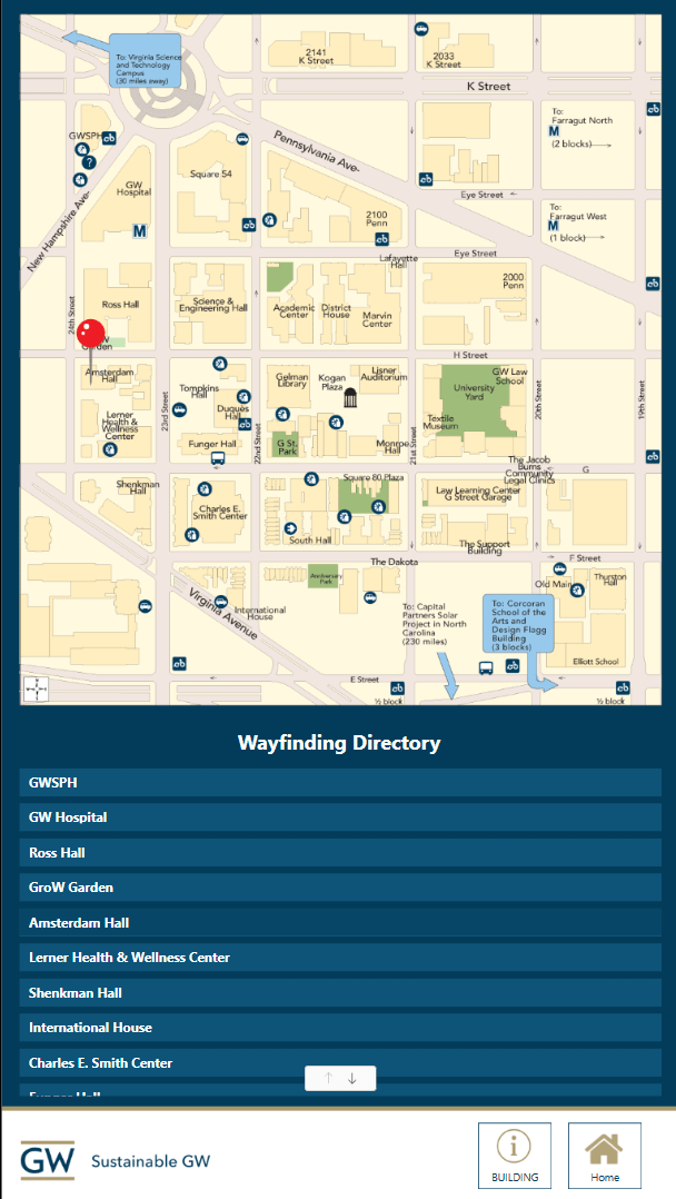 Blue wayfinding digital signage with college map and directory for GWU