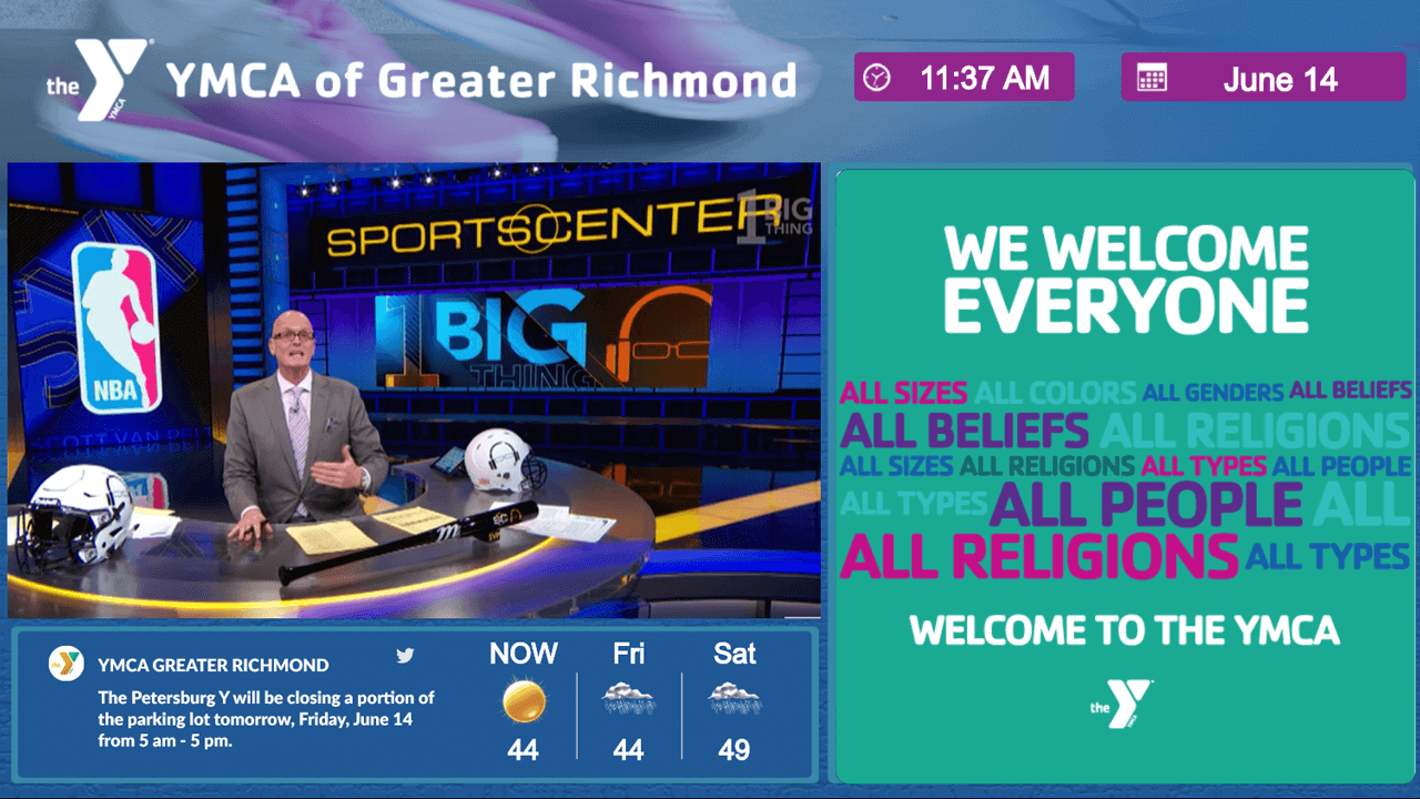 Purple parks and rec digital signage featuring live video, announcements, and welcome messaging for YMCA of Greater Richmond