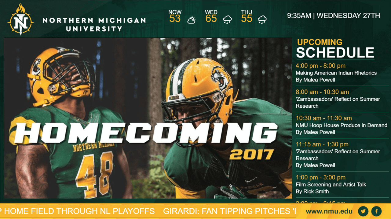 Dark green and yellow displaying upcoming schedule for Northern Michigan University