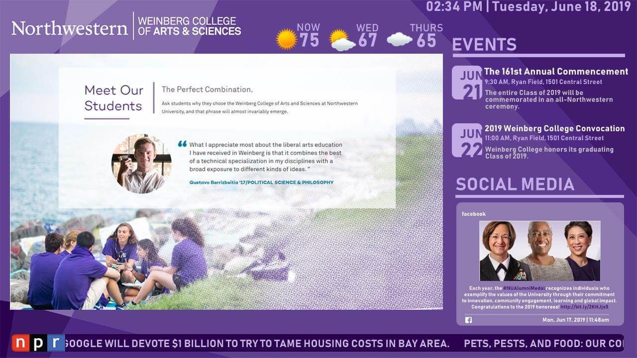 Purple digital signage featuring student quotes, events, and social media for Northwestern University