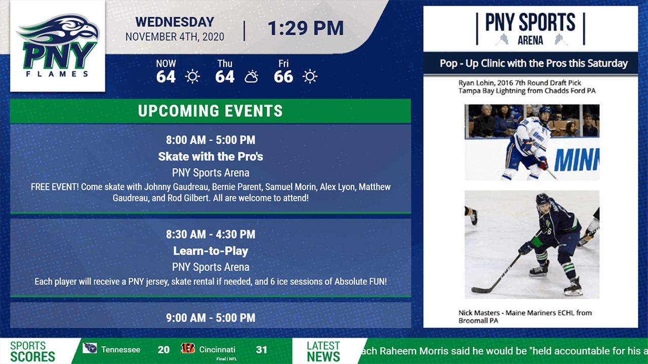 Blue and green ice rink digital signage showing upcoming events and announcements for PNY Sports Arena