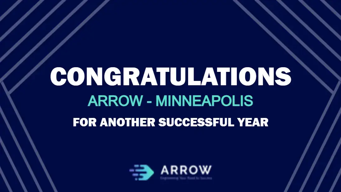 Arrow corporate digital signage screen from Reach Media Network displaying congratulations message for the next year.