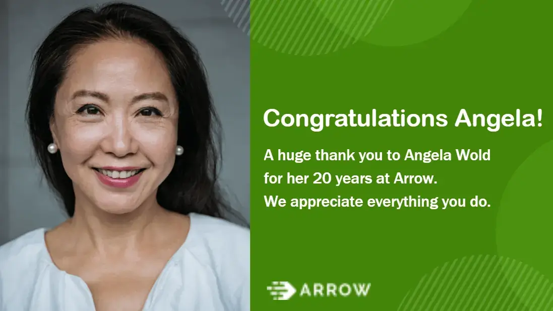 Arrow corporate digital signage screen from Reach Media Network displaying congratulations message for 20 year anniversary.