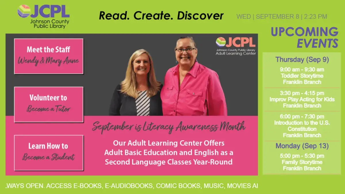 Johnson County Public Library digital signage example from Reach Media Network displaying staff highlights, scrolling calendar events, rss ticker feed