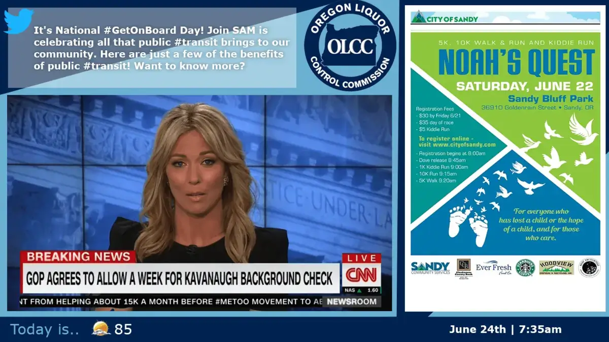 Oregon Liquor Control Commission digital signage screen from Reach Media Network displaying Twitter posts, live news, and special event announcement.