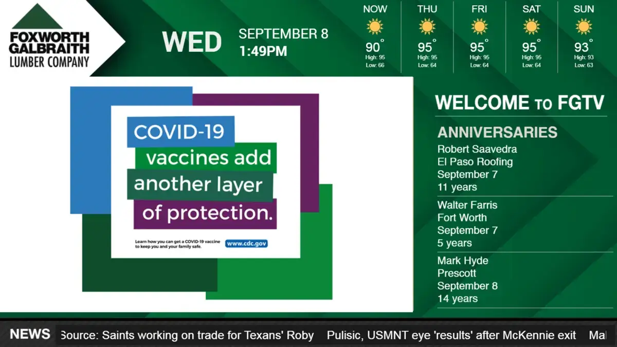 Foxworth Galbraith Lumber Company digital signage example from Reach Media Network displaying health playlists, scrolling calendars, rss news ticker