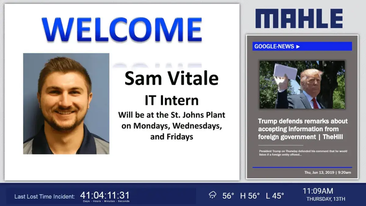 Mahle manufacturing digital signage screen from Reach Media Network displaying new hire welcome announcement, google news headlines, and last lost time incident timer.