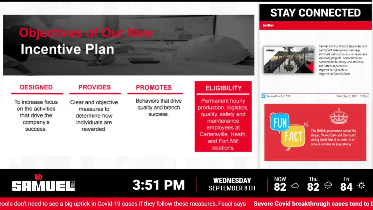 Samuel Son Co digital signage example from Reach Media Network displaying incentive plan, social media feeds, fun facts, and rss ticker