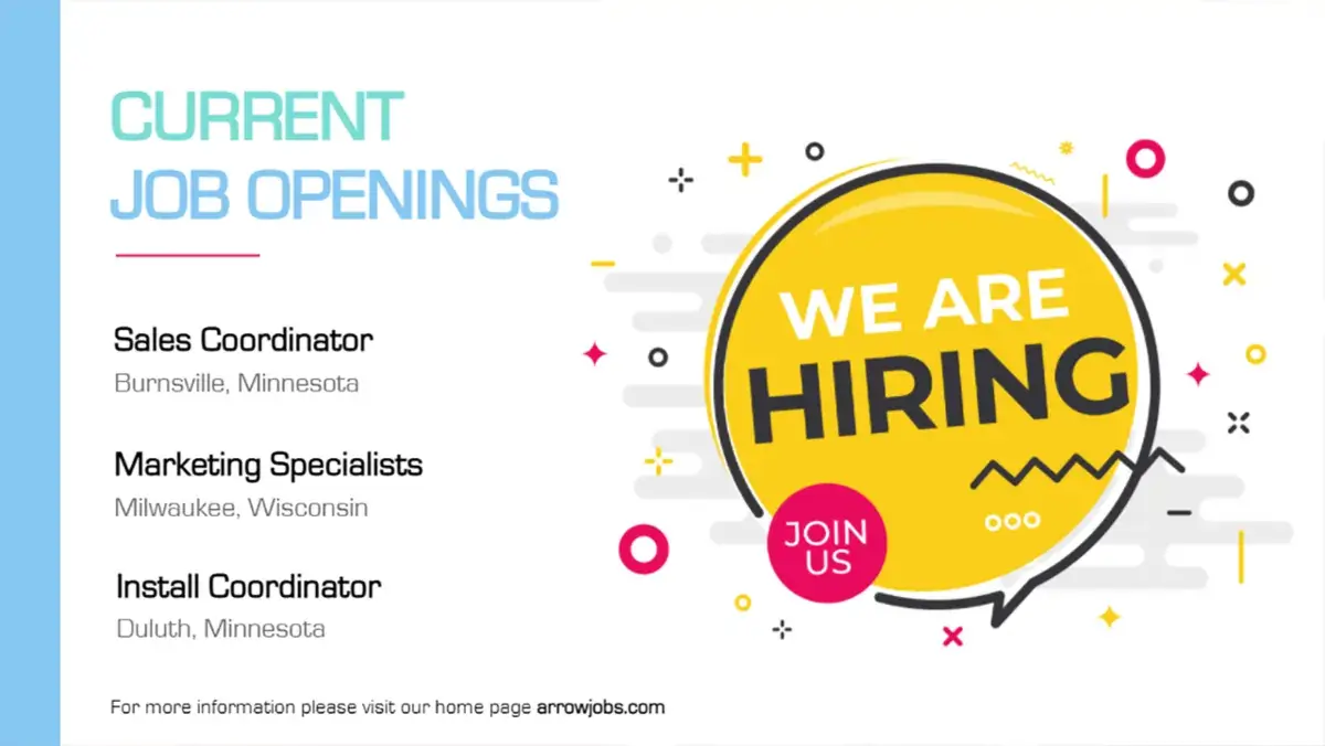 Digital signage screen from Reach Media Network displaying current job openings at Arrow.