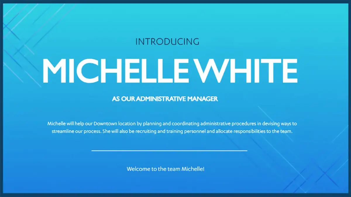 REACH Media Network digital signage screen displaying new employee introduction.