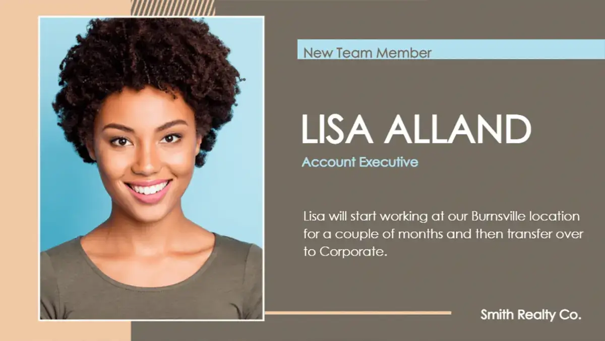 Digital signage screen from Reach Media Network displaying new team member notification with employee image and short description.