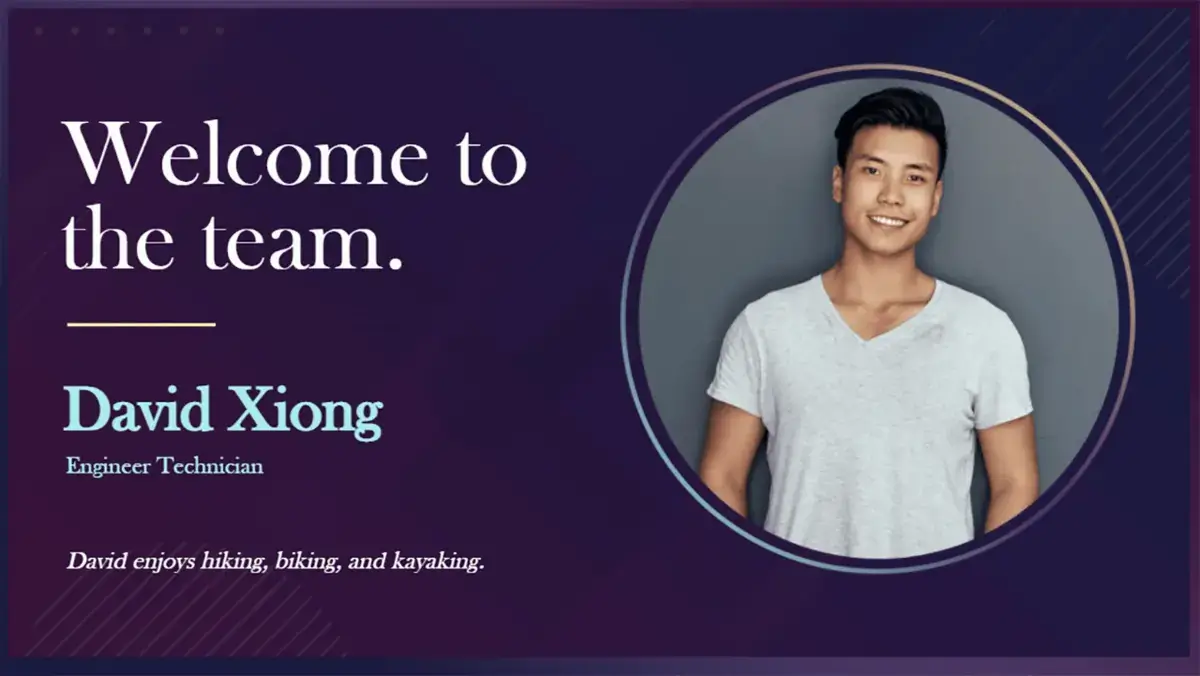 Digital signage screen from Reach Media Network displaying welcome message to new employee with employee image