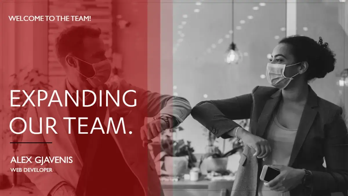 Digital signage screen from Reach Media Network displaying welcome message to new employee with employees image