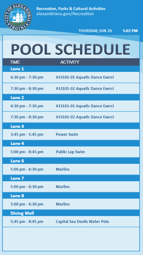 Alexandria Parks and Rec vertical digital signage screen from Reach Media Network displaying pool schedule.