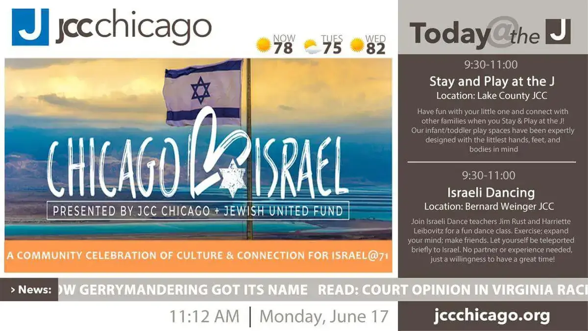 JCC of Chicago digital signage screen from Reach Media Network displaying news headline ticker, daily schedule, and community celebration announcement.