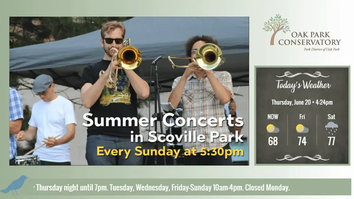 Oak Park Conservatory digital signage screen from Reach Media Network displaying daily weather forecast, announcement ticker, and summer concerts announcement.