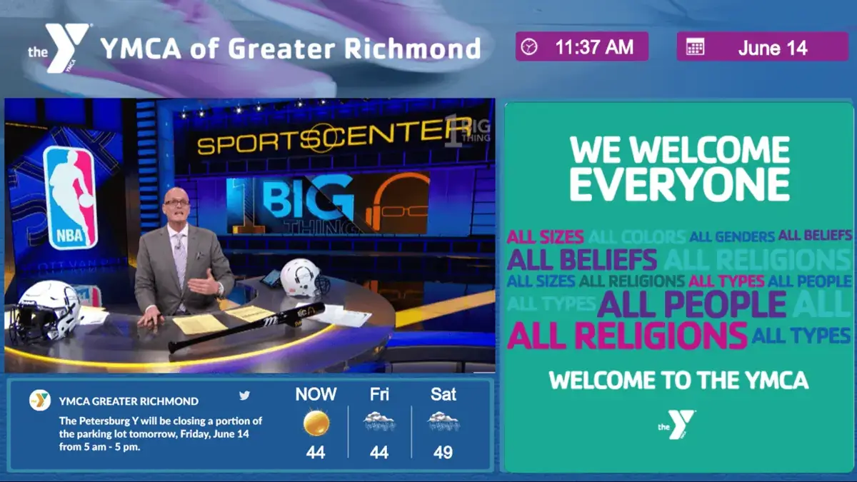 YMCA of Greater Richmond digital signage screen from Reach Media Network displaying live SportsCenter news, welcome message, and location announcements.