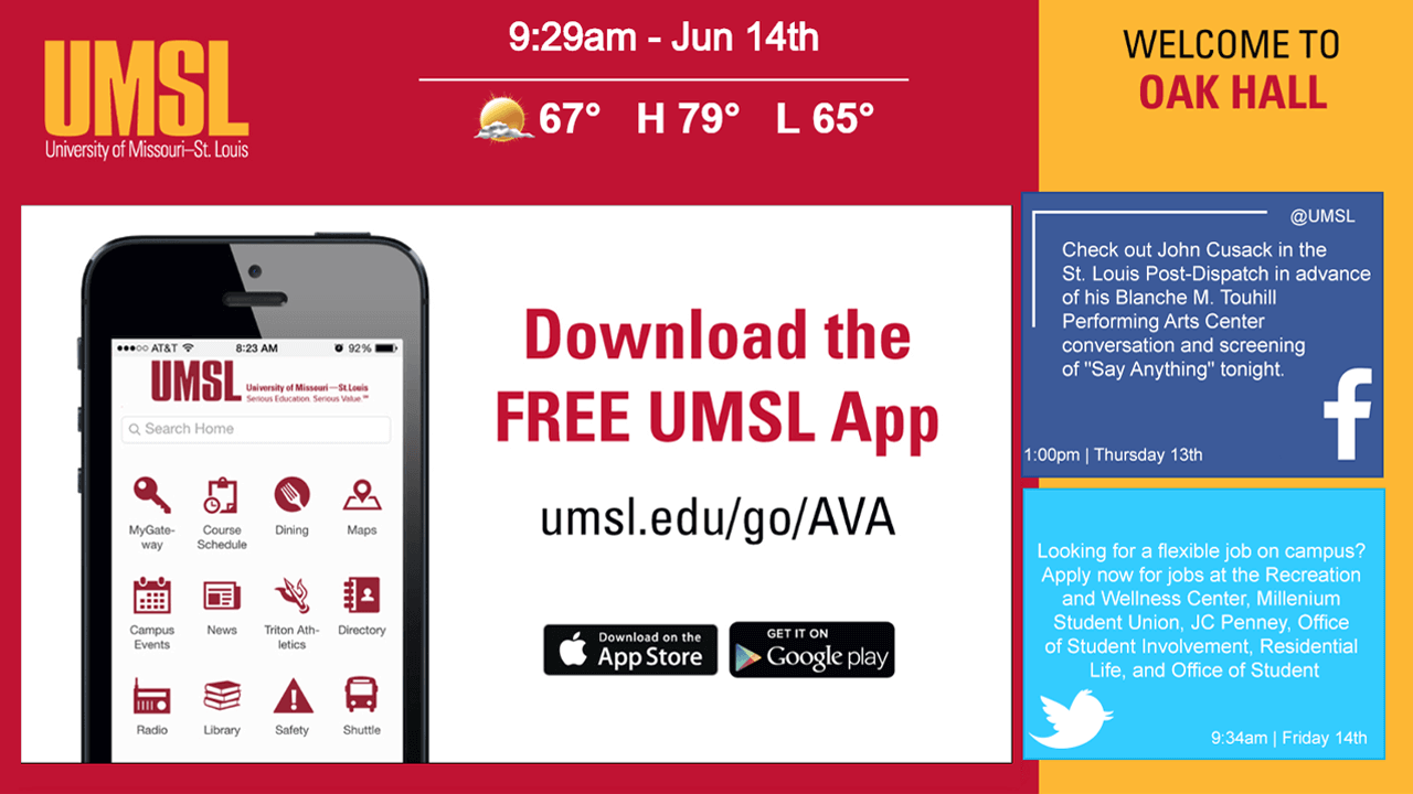 Red and yellow digital signage featuring phone app information and social media posts for University of Missouri - St. Louis