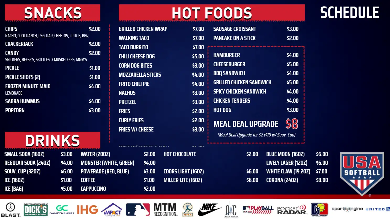 Blue and red restaurant digital signage displaying menu items for USA Softball