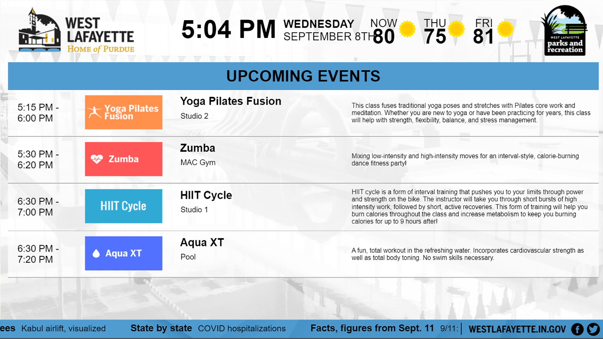 White and blue fitness digital signage featuring upcoming events for West Lafayette