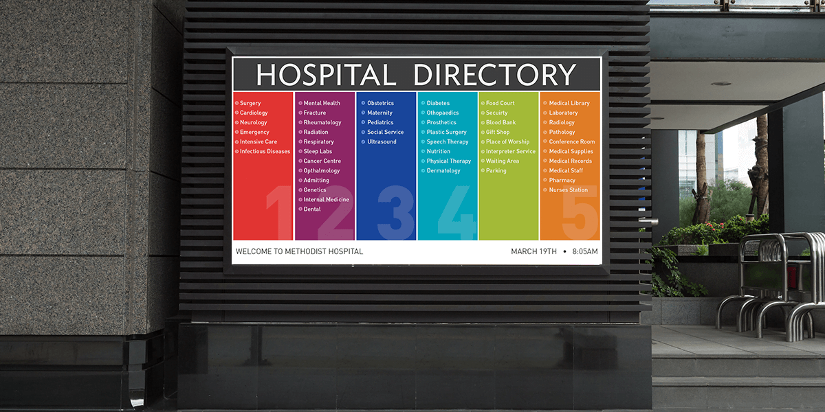 Colorful directory digital signage being displayed on the outside of a hospital building