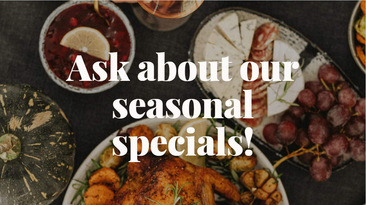 Digital signage content promoting seasonal bar specials, charcuterie, roasted turkey pumpkin