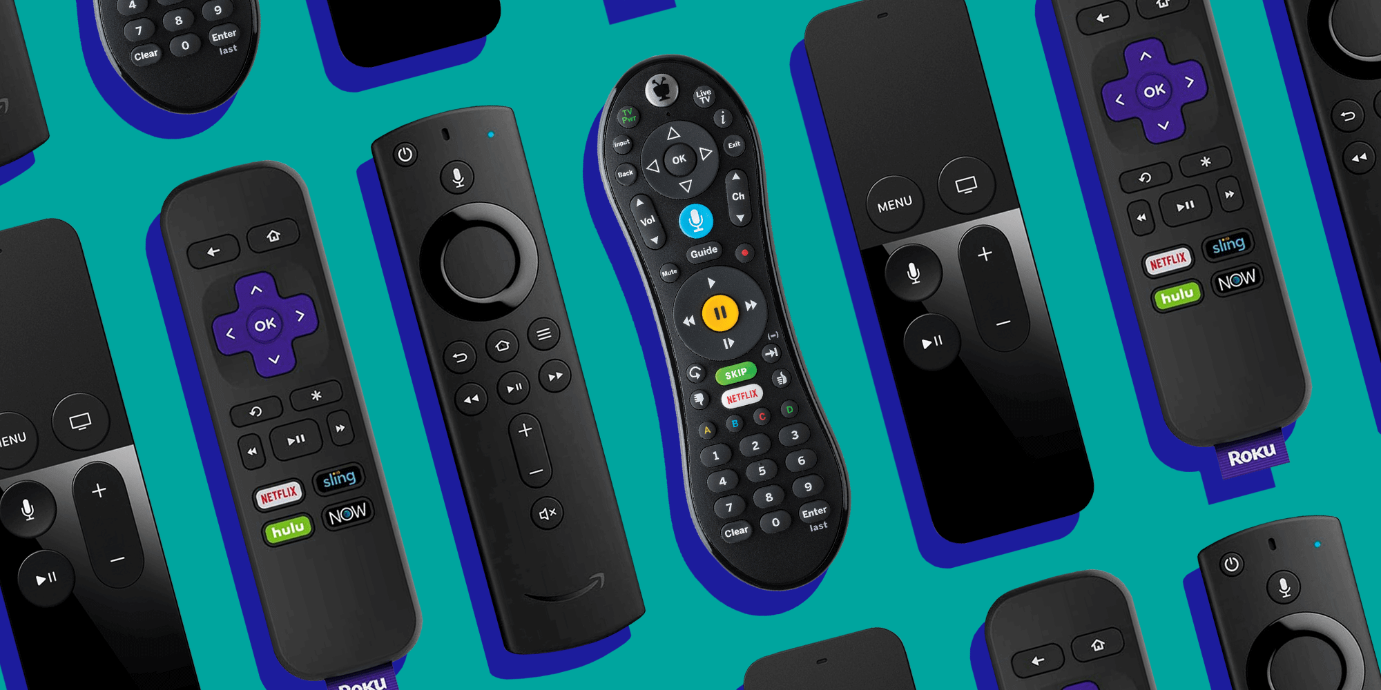 An assortment of television remotes over a teal background, each showcasing dedicated buttons with popular streaming platforms.