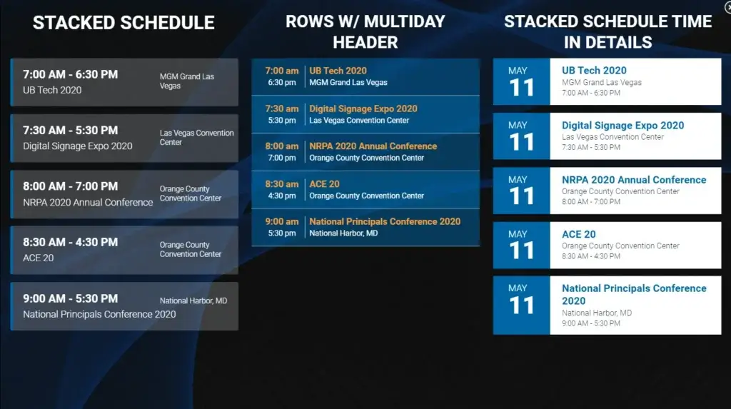 A bracket-style calendar on digital signage, powered by REACH Media Network.