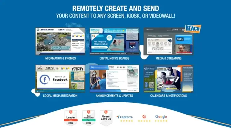 App Space digital signage alternatives; Reach Media Network information & promos, digital notice boards, media & streaming, social media integration, announcements & updates, calendars & notifications