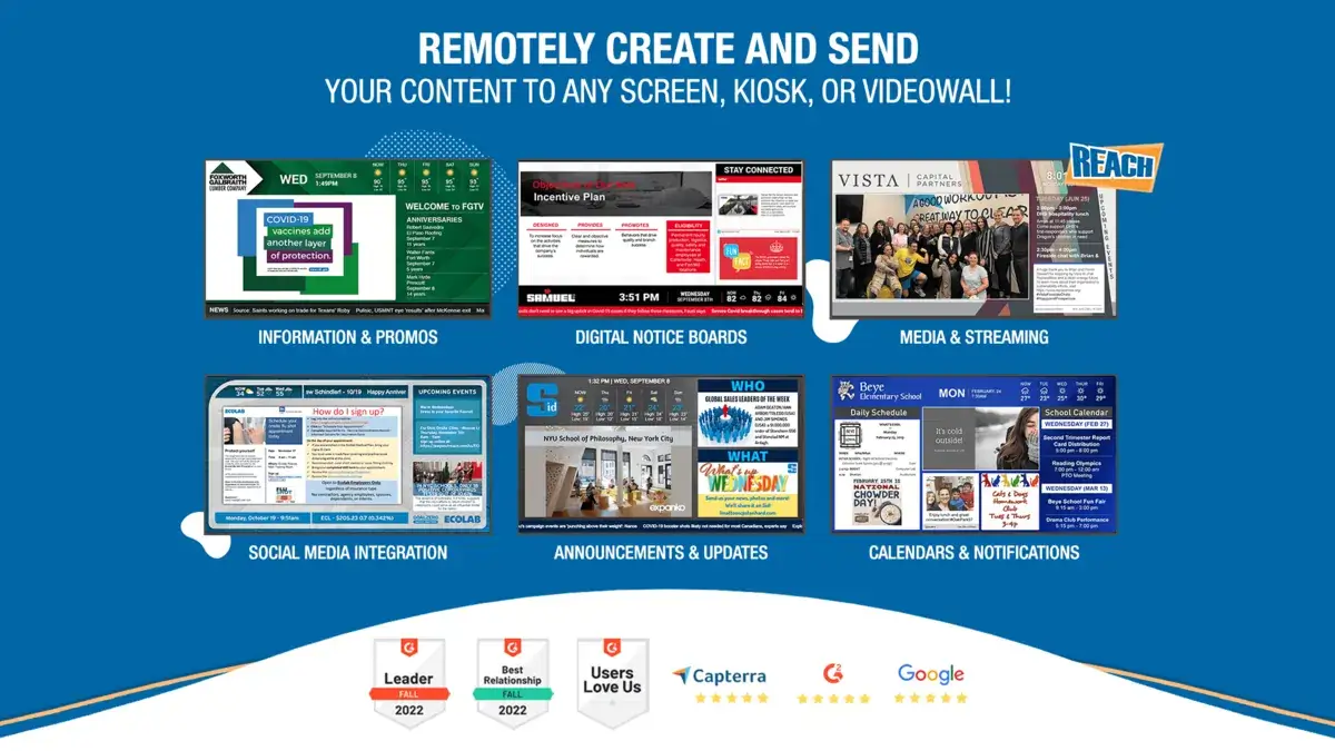 Mvix digital signage alternatives; Reach Media Network information & promos, digital notice boards, media & streaming, social media integration, announcements & updates, calendar & notifications.