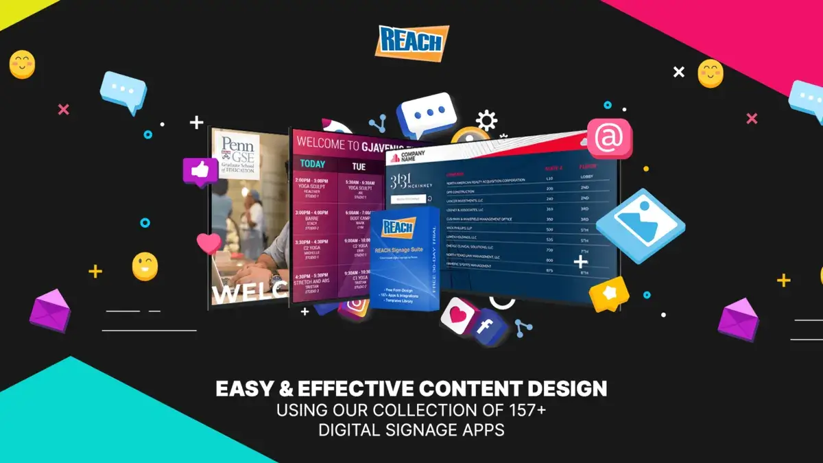 Scala digital signage alternative; REACH Media Network software, directory, weekly schedule, student welcome message