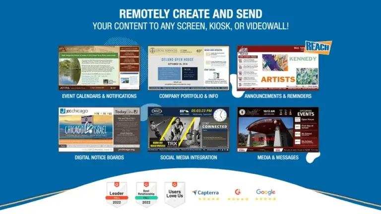 Tightrope Carousel digital signage alternative; Reach Media Network event calendars & notifications, company portfolio & info, announcements & reminders, digital notice boards, social media integration, media & messages